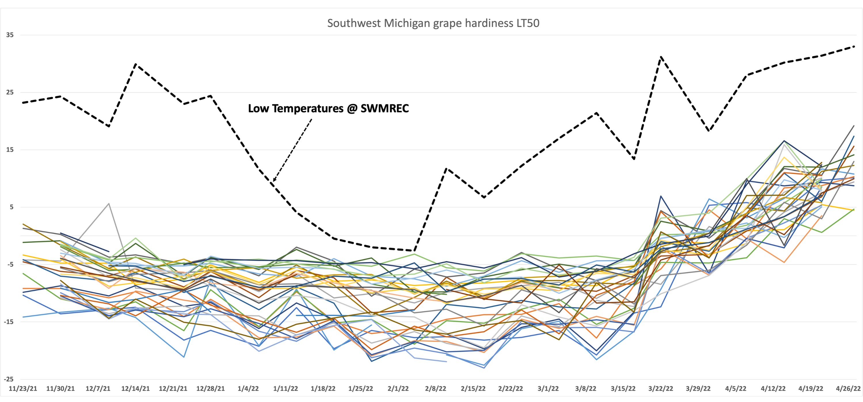 Data from MSU Extension research on winter bud hardiness confirms grower reports of no significant damage from this winter. As an example, here are weekly bud hardiness results from 35 varieties/locations in southwest Michigan showing the LT50 (lethal temperature that kills 50% of the grape buds). The low temperatures for the same periods are also shown. The temperatures never dropped below the LT50 temperature, indicating no significant damage should have occurred.